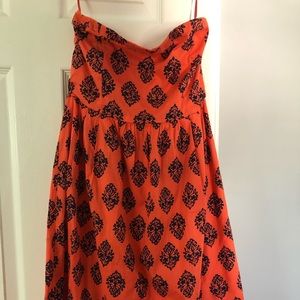 Strapless a-line orange and navy dress